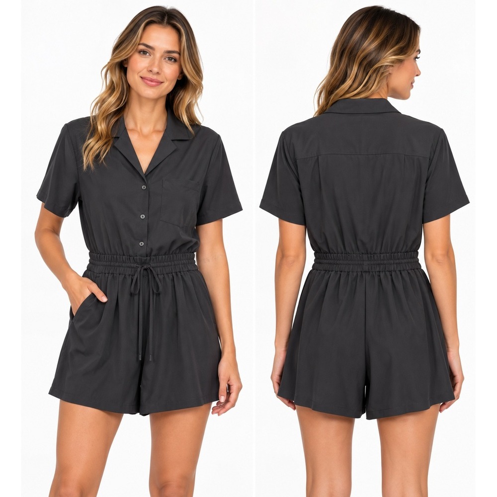 Athleta Brooklyn Romper Black Short Sleeve Button Front Drawstring Waist XS